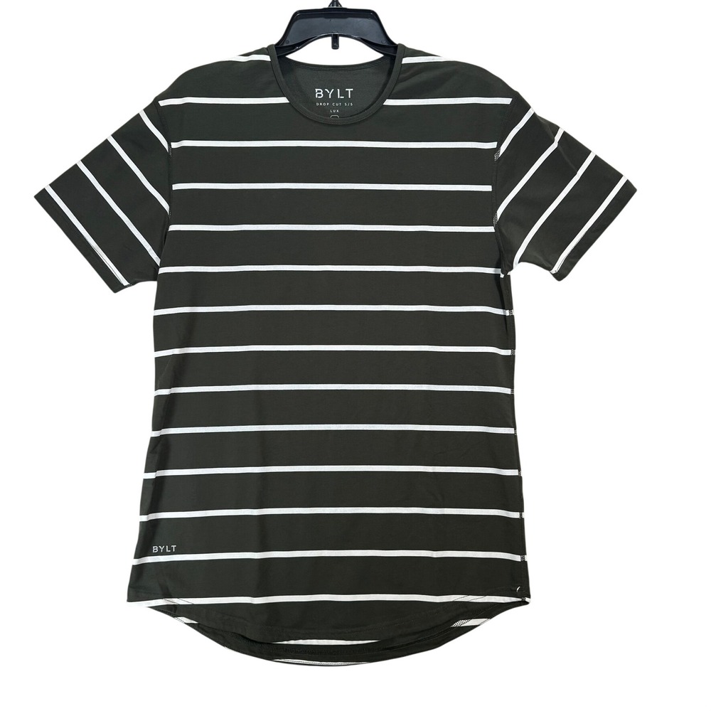 BYLT Drop Cut SS Lux Shirt Mens Medium Green White Striped Curved Hem Tee